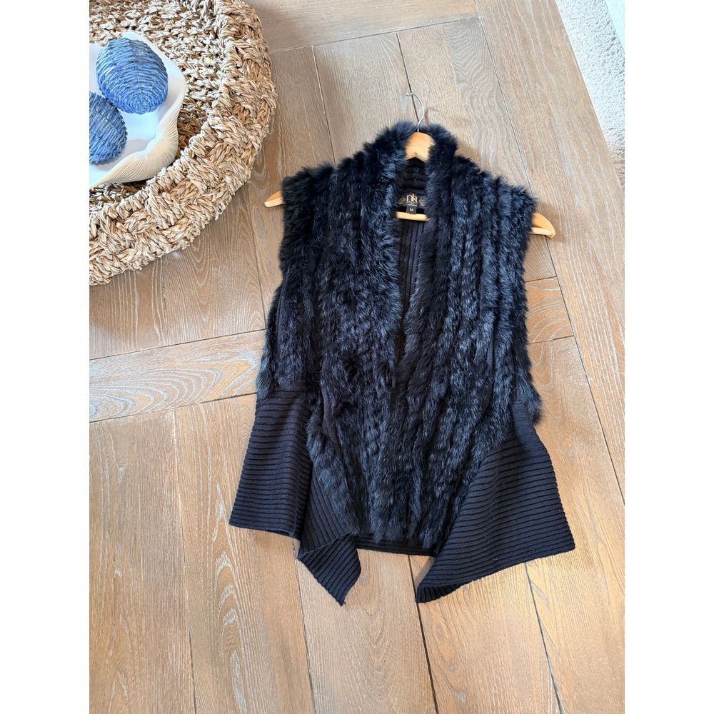 Metric Knits Rabbit Fur Vest Womens Black Medium Luxury‎ Ribbed Knit Open Front
